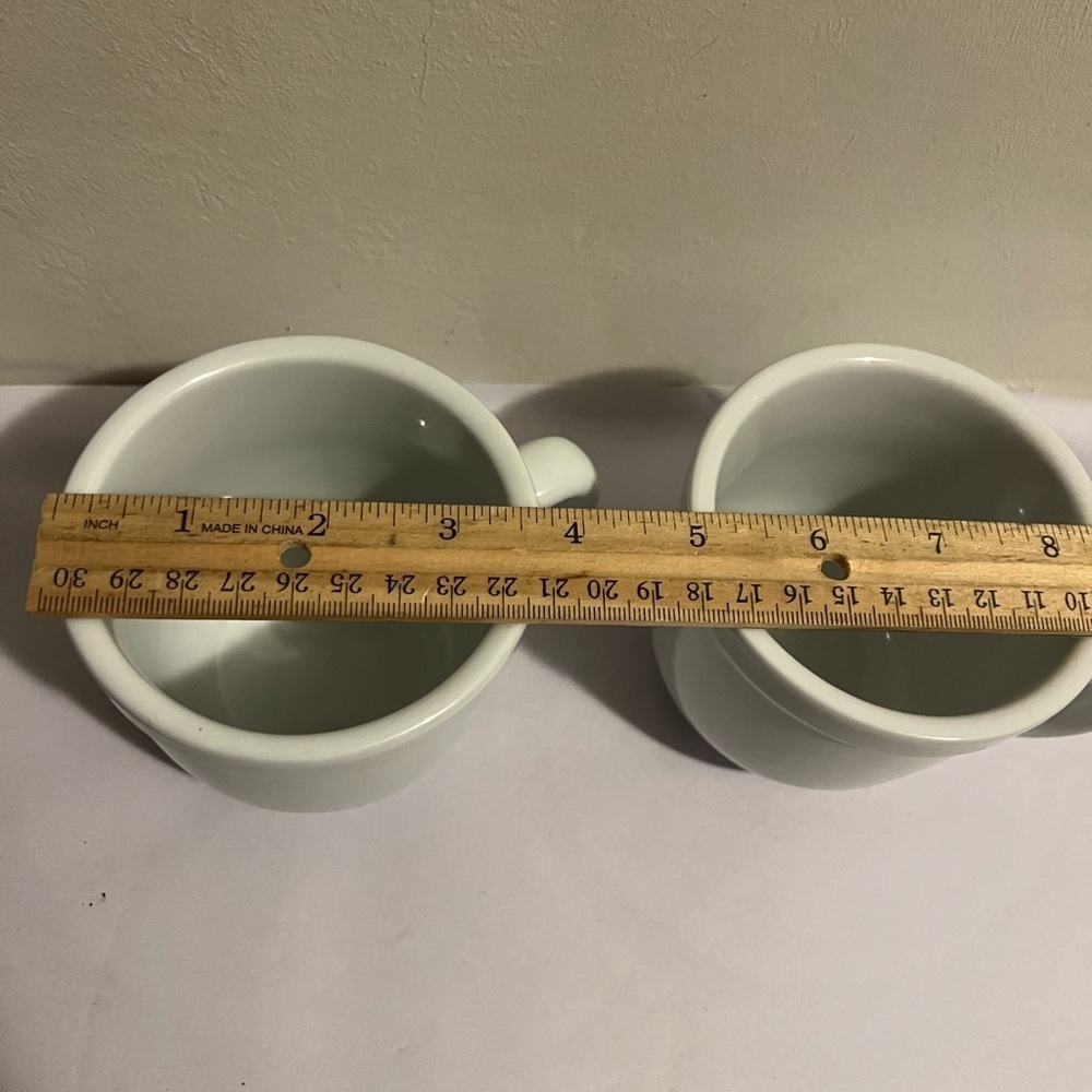Set of 2 Pottery Barn Suppertime White Coffee Mugs Cups 3 1/2” Wide Rim Bistro - Picture 3 of 7